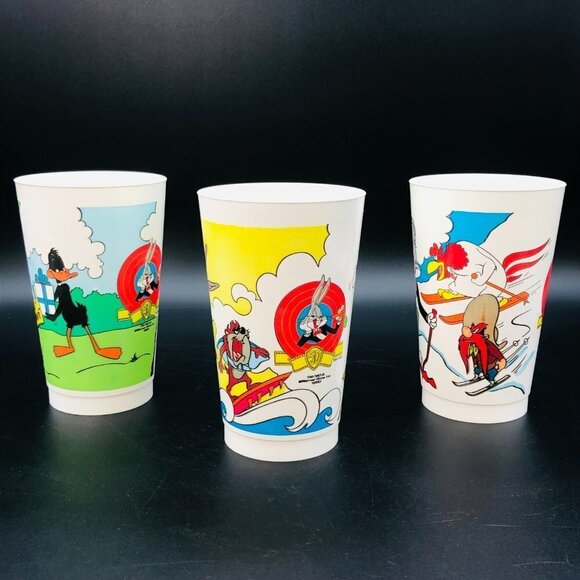 1990 Looney Tunes Plastic Tumblers Set of 3 Vintage McDonald's Coca Cola Cups - Picture 3 of 11